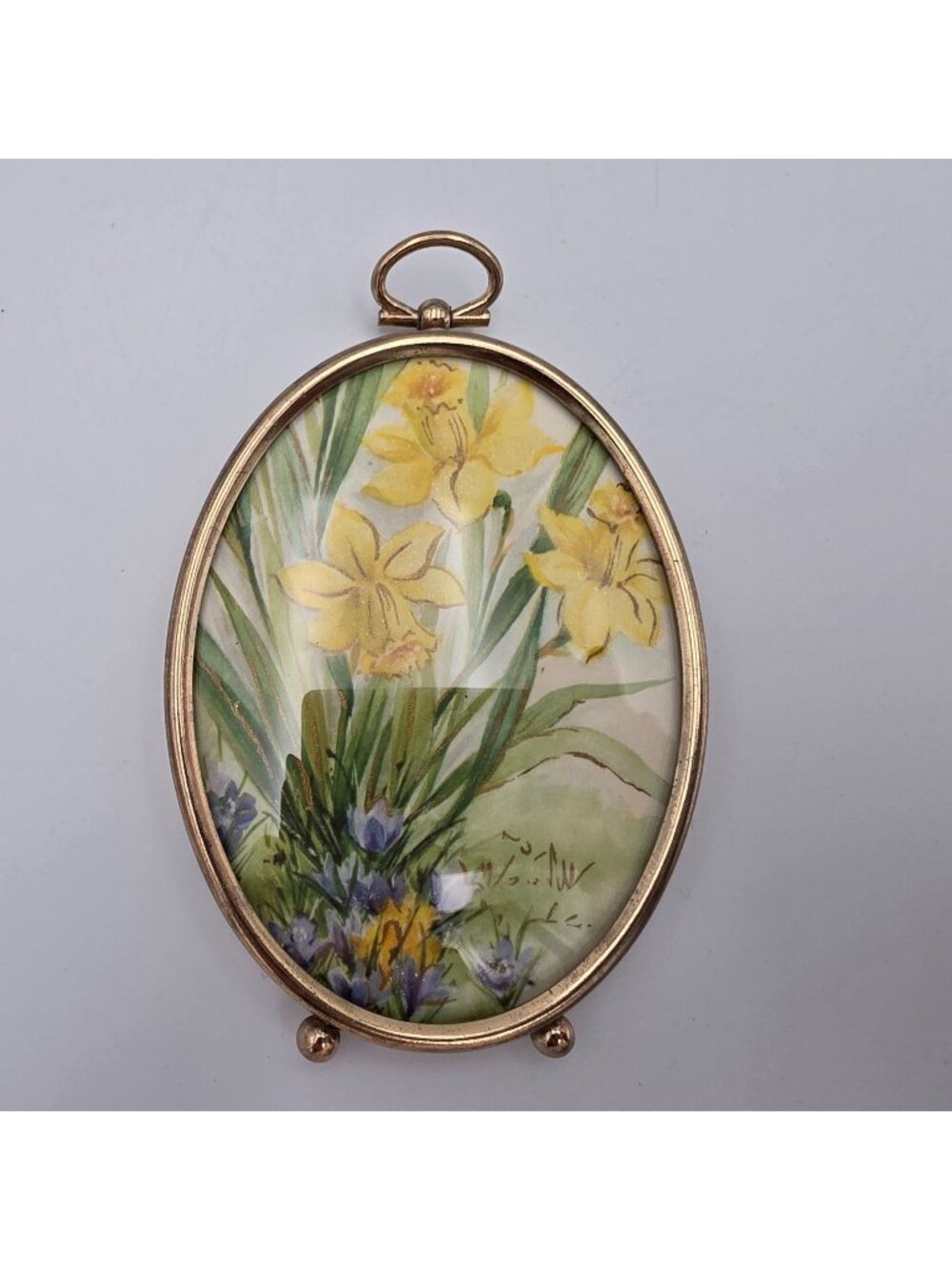 Oval Gold Tone Metal Picture Frame 3x4 Floral Print Convex Glass Floral Hook